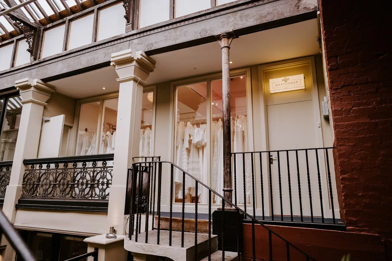 Waxflower Bridal boutique entrance in Bristol showcasing a curated collection of modern wedding dresses.