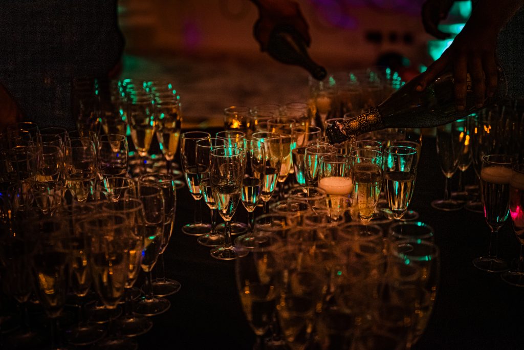 Staff pouring champagne for guests before the awards dinner at Bristol Grand Hotel in Bristol.