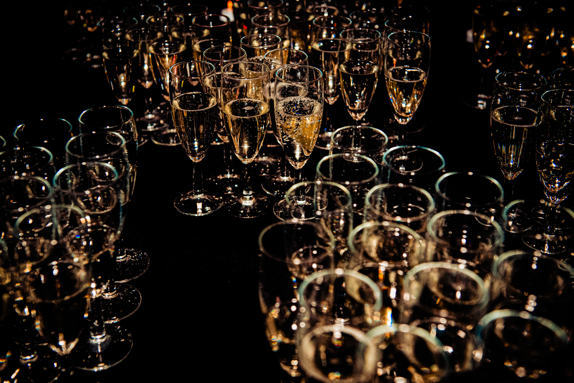 Champagne flutes waiting on tables during the Galenicals Awards gala dinner in Bristol.