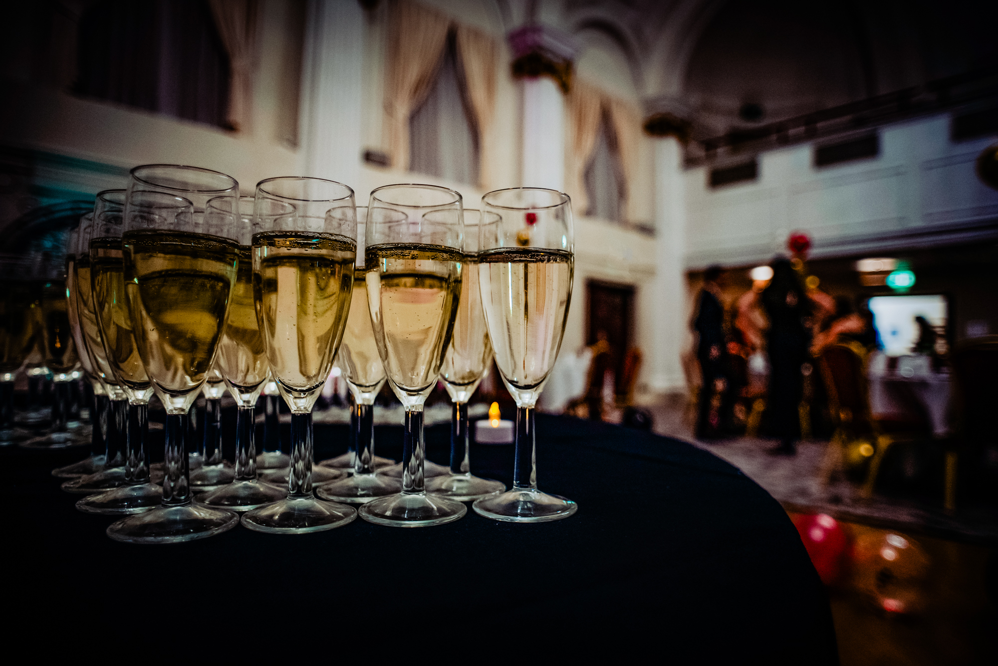 Champagne glasses prepared for guests during the Galenicals Awards evening at Bristol Grand Hotel.