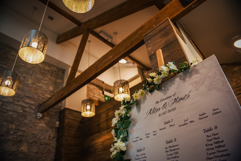 The Folly Farm seating plan sits beneath warm wooden beams, setting the tone for a relaxed Scottish celebration.