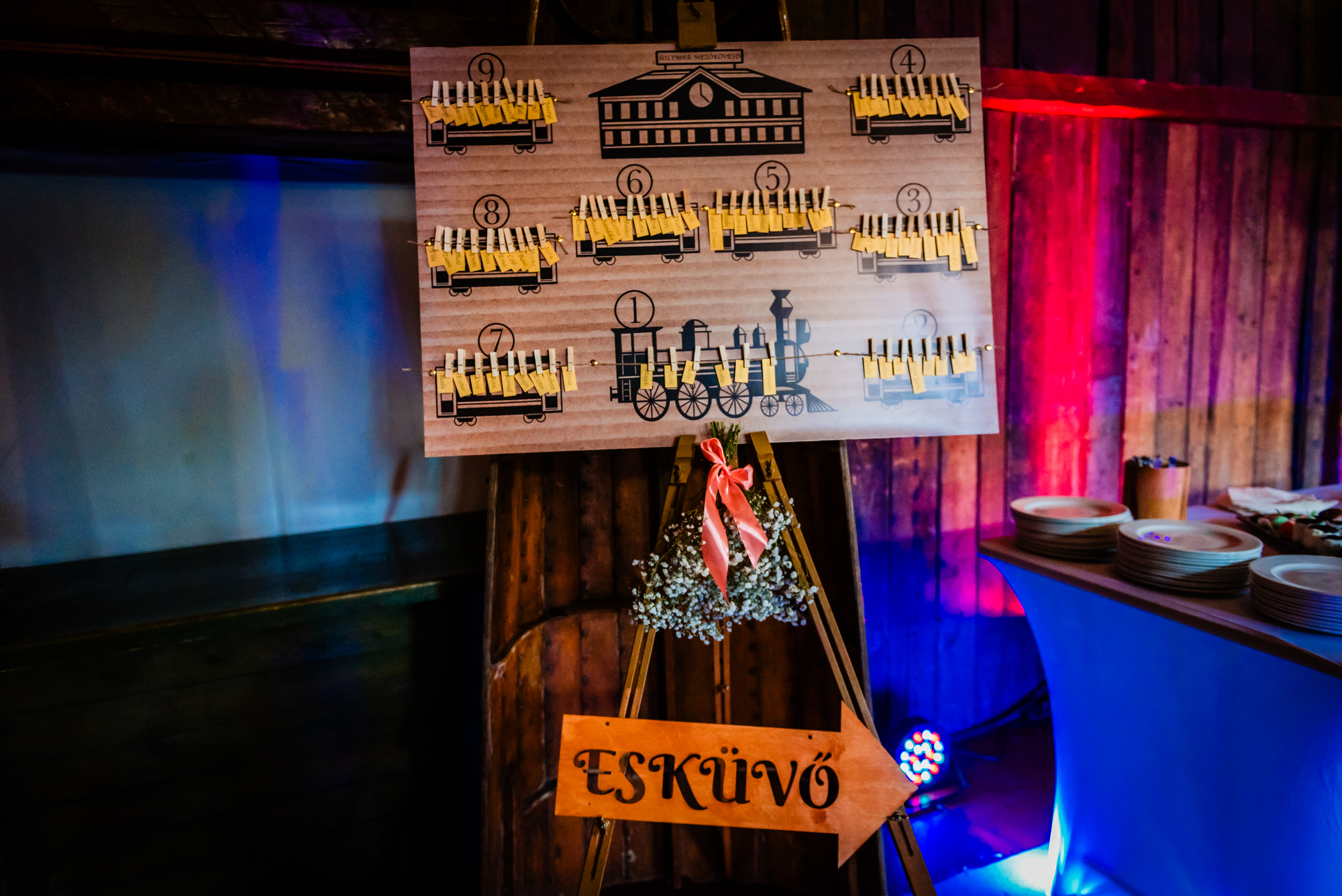 Train-themed wedding seating chart with wooden details and handwritten guest name tags at Budapest wedding.
