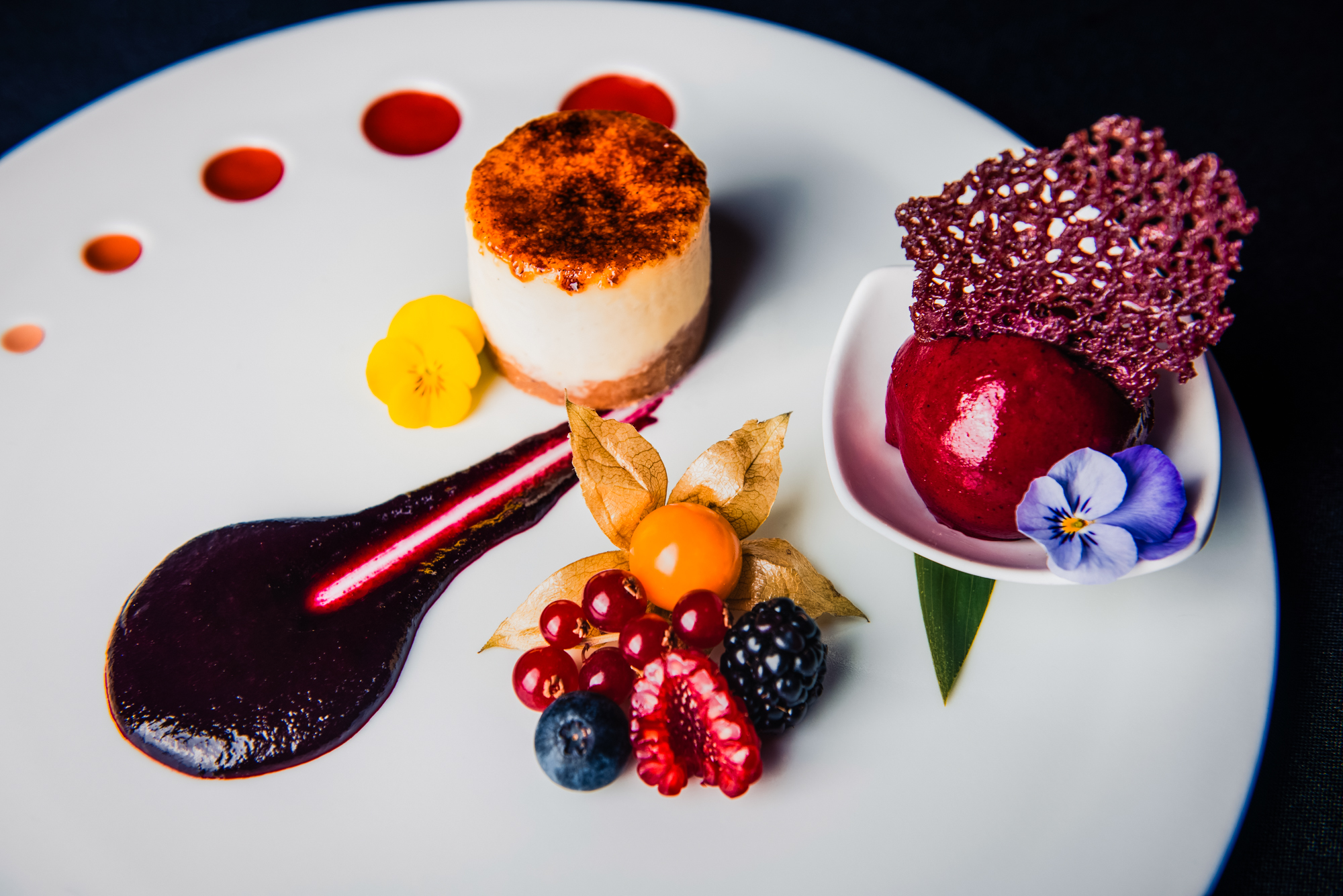 Elegant dessert plate with cheesecake, berry mousse, fresh fruit, and edible flowers.
