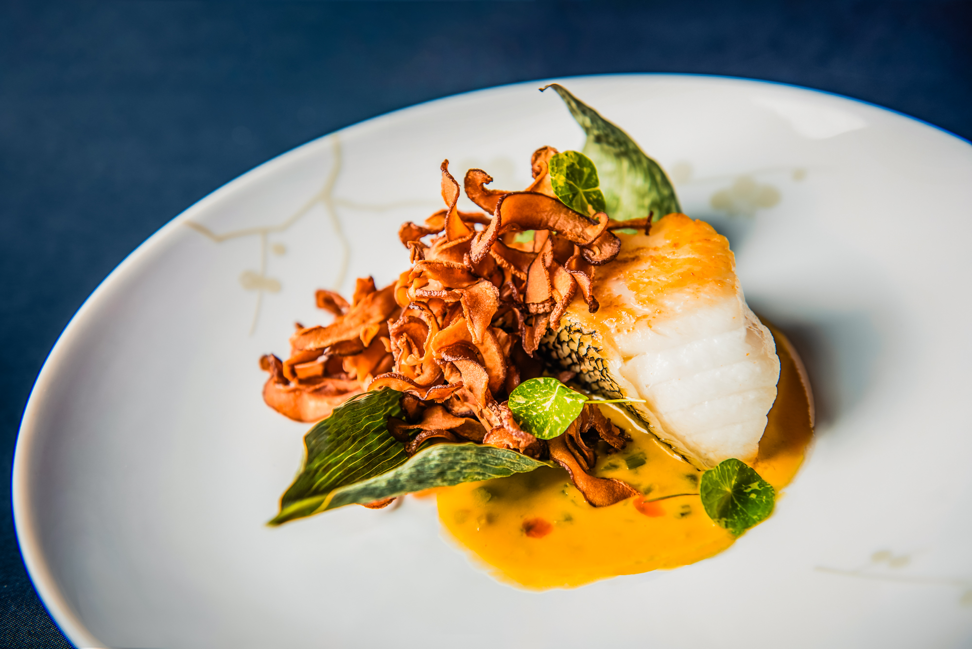 Roasted black cod served with crispy mushrooms and rich golden sauce at Nobu Budapest.