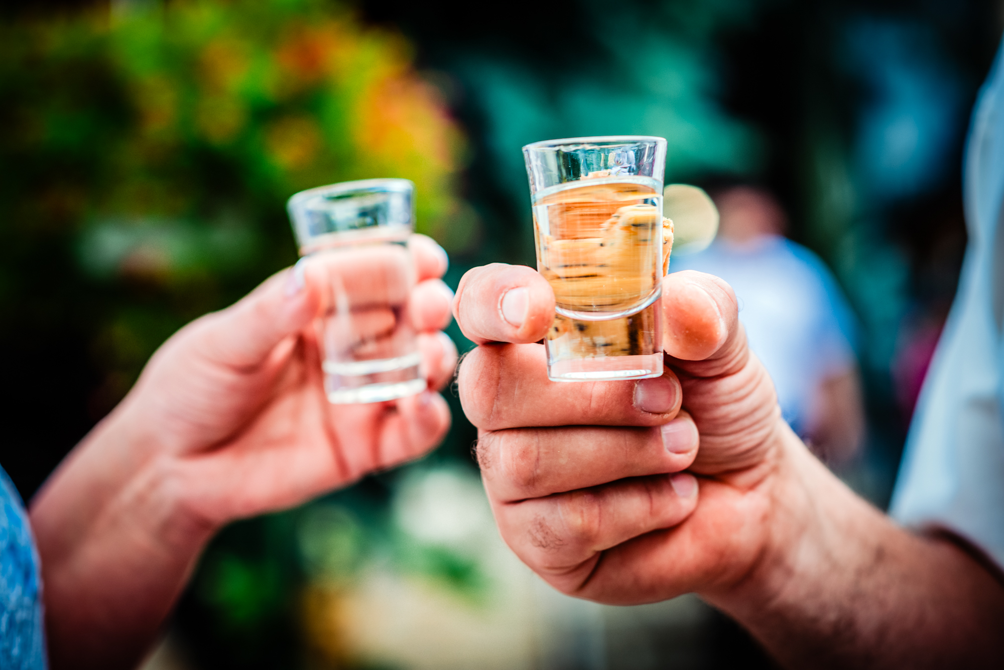 Guests raising pálinka shot glasses during outdoor Hungarian vineyard wedding reception.