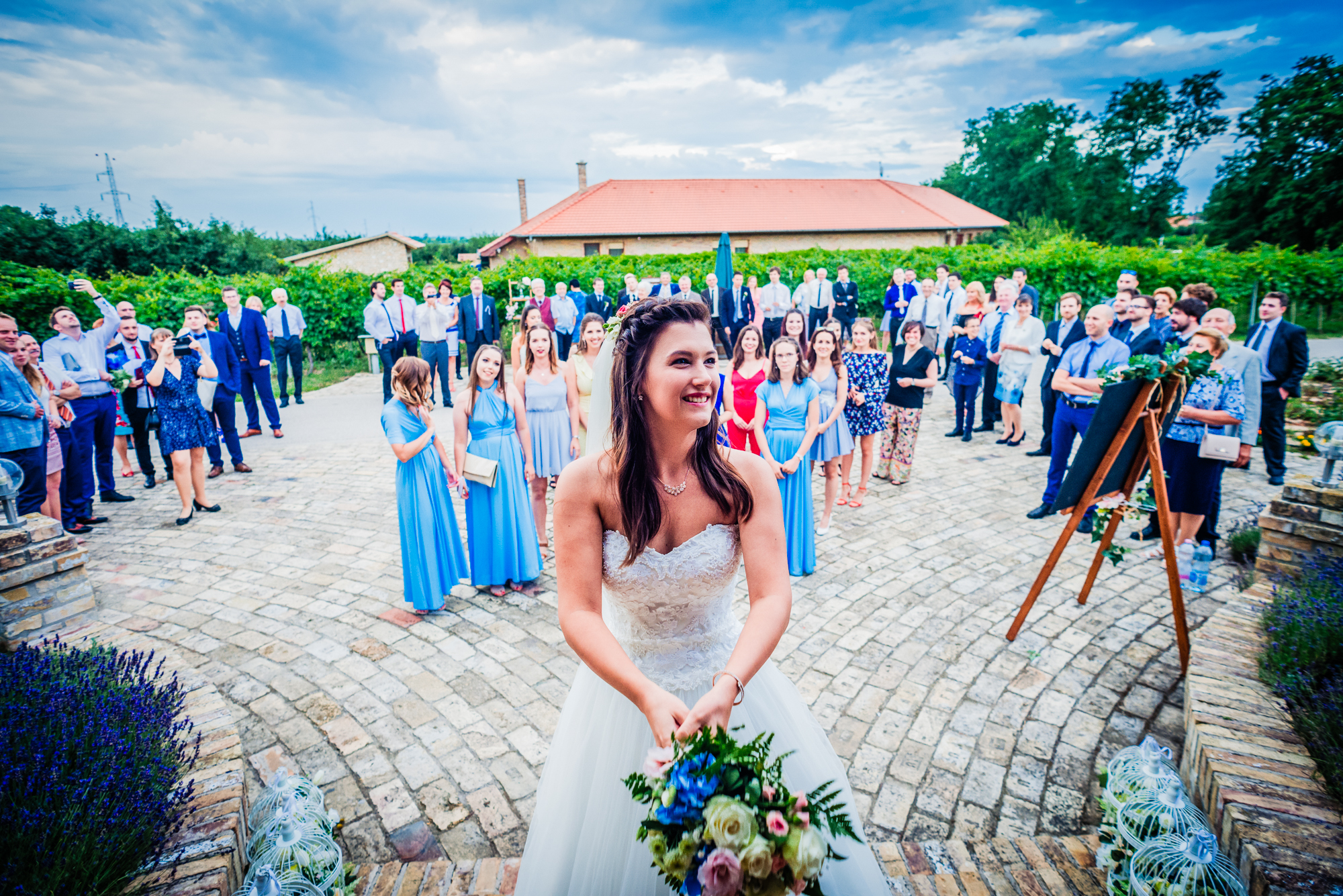 Bride smiling before bouquet toss at a summer vineyard wedding reception in Hungary.