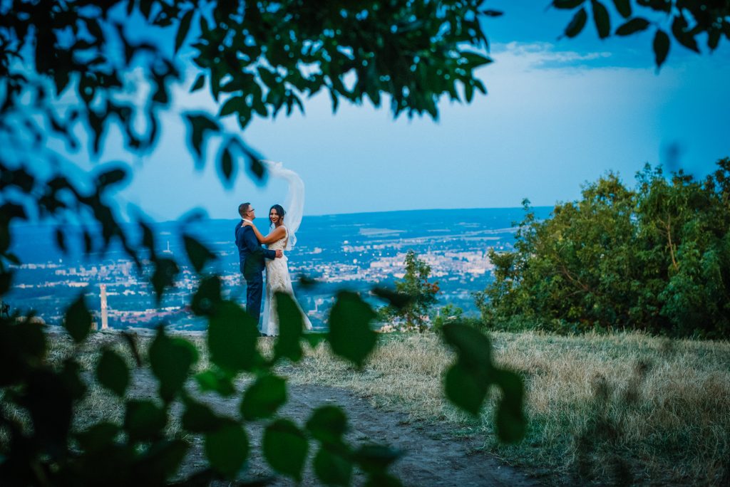 Bride and groom framed through leaves with Budapest skyline in background during artistic portrait.