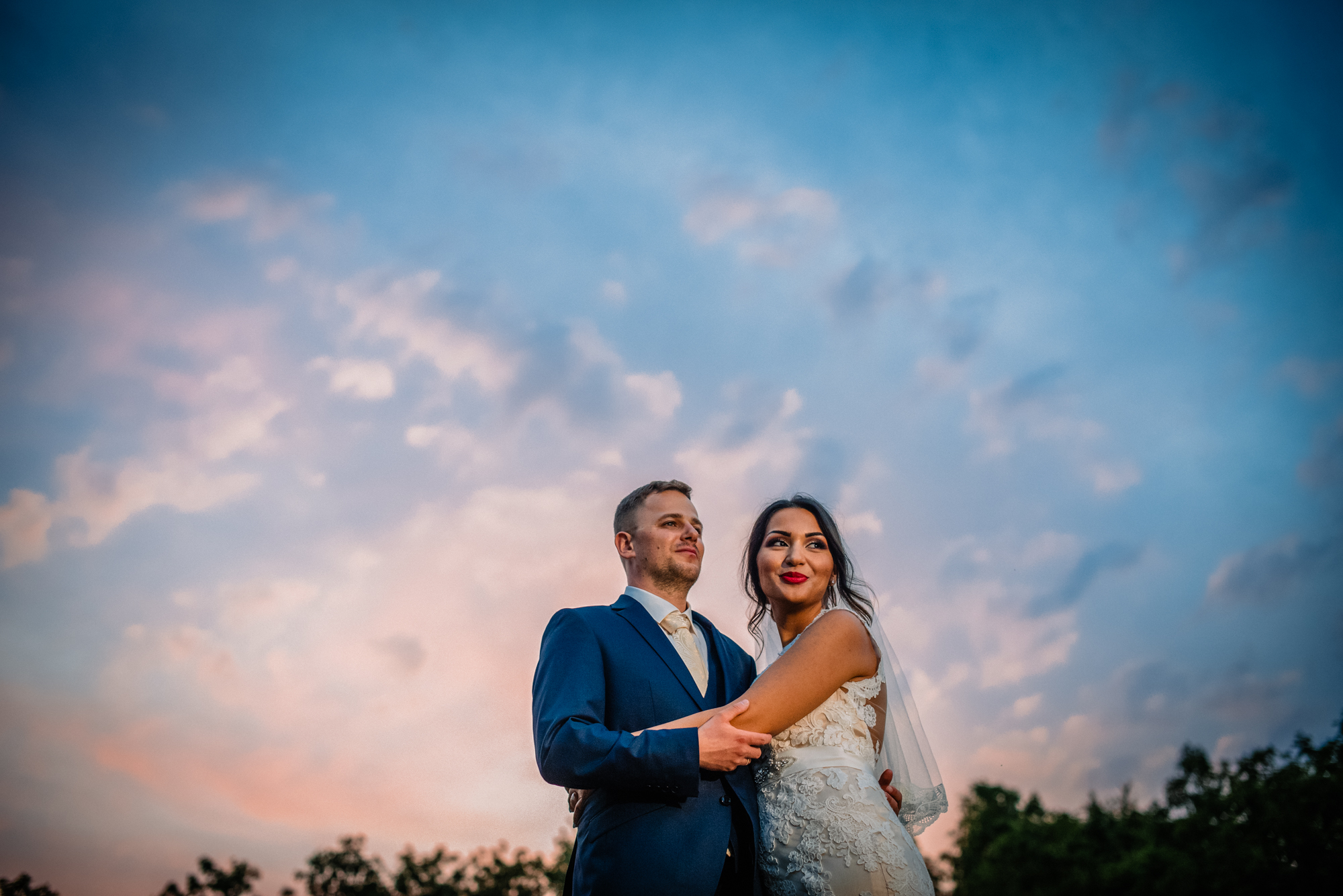 Bride and groom embracing at sunset surrounded by warm light and soft foliage textures.