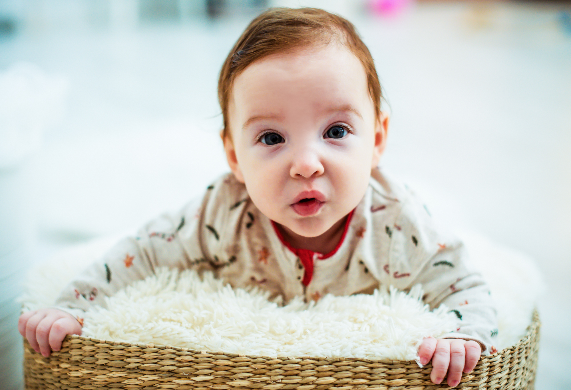 Close-up of baby Bella resting in a basket during a Christmas baby photoshoot.