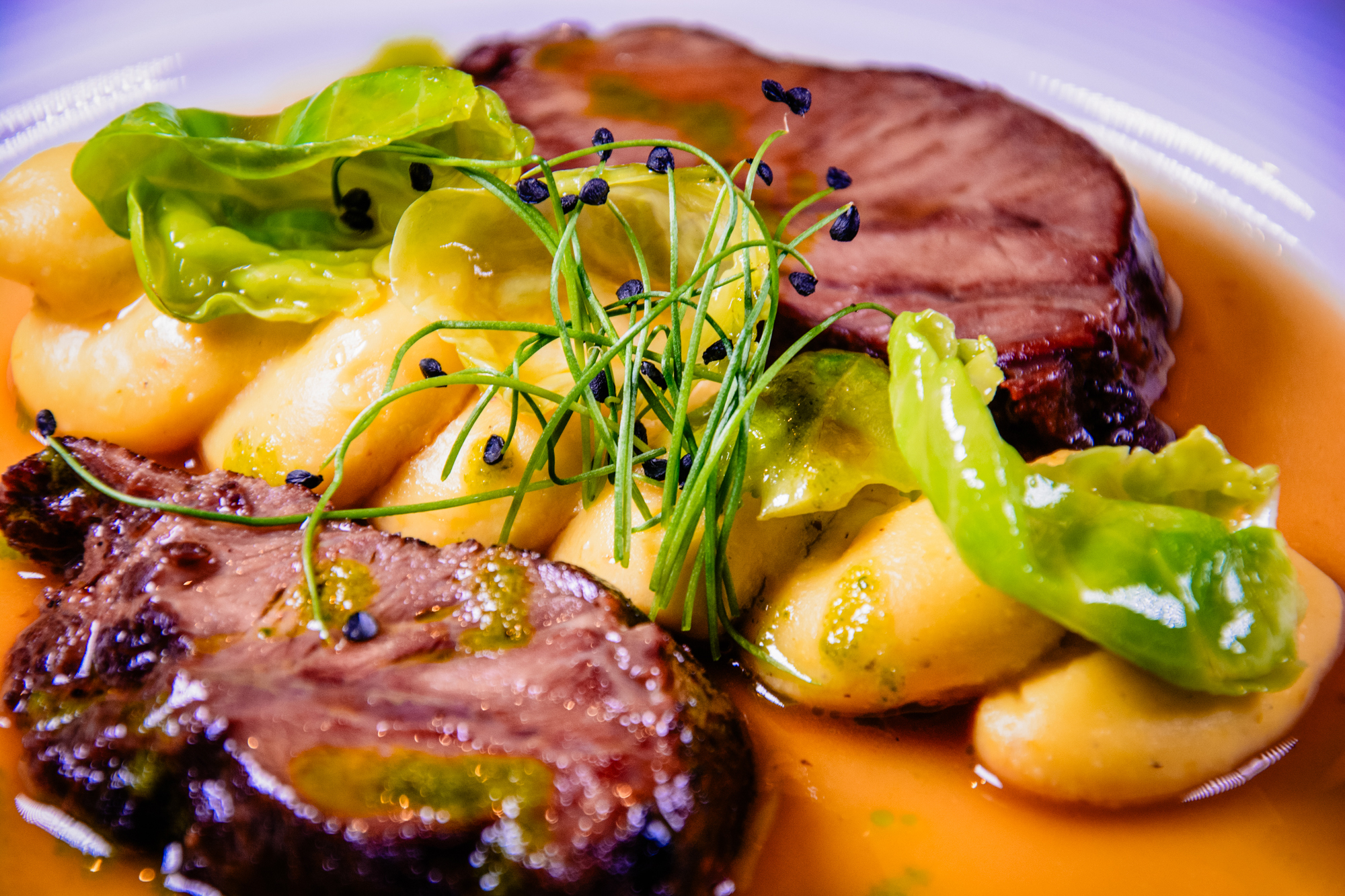 Slow-braised meat with gnocchi, broth and microgreens.