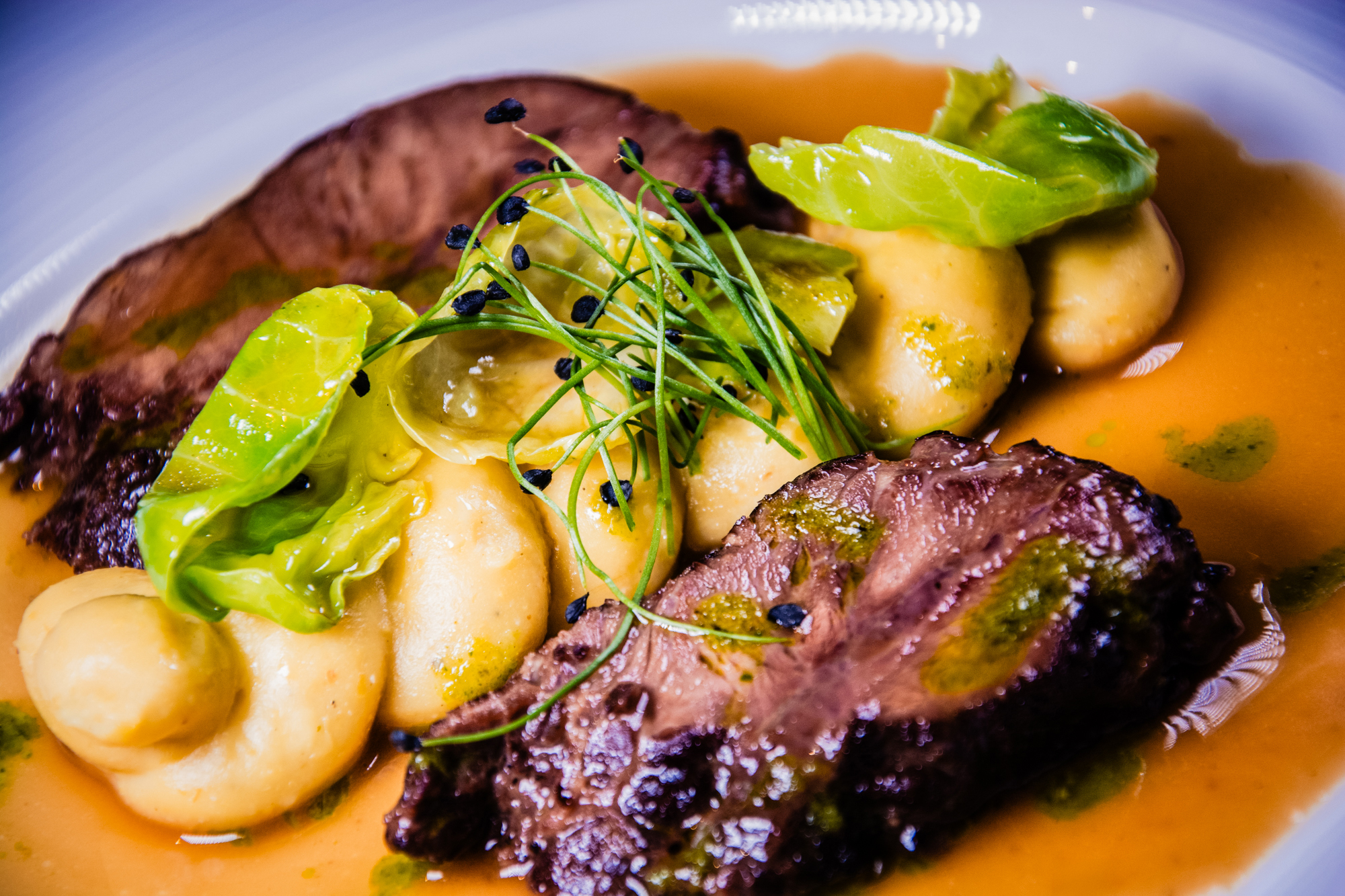 Close-up of braised meat dish with gnocchi and green garnish at Budapest gastropub.