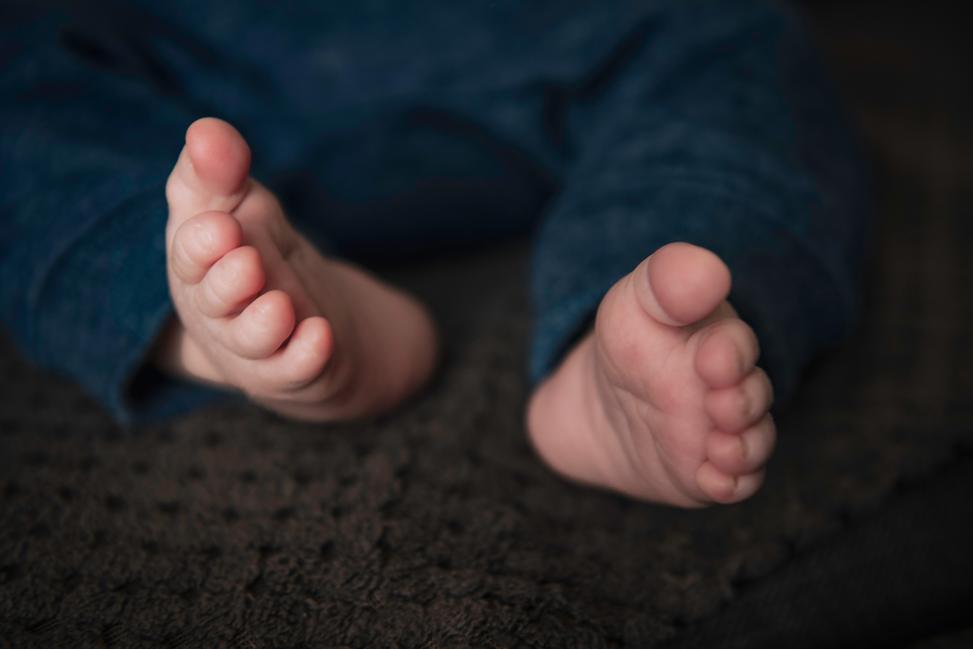 Tiny newborn feet rest on a dark textured blanket during an at-home newborn session in Bristol.