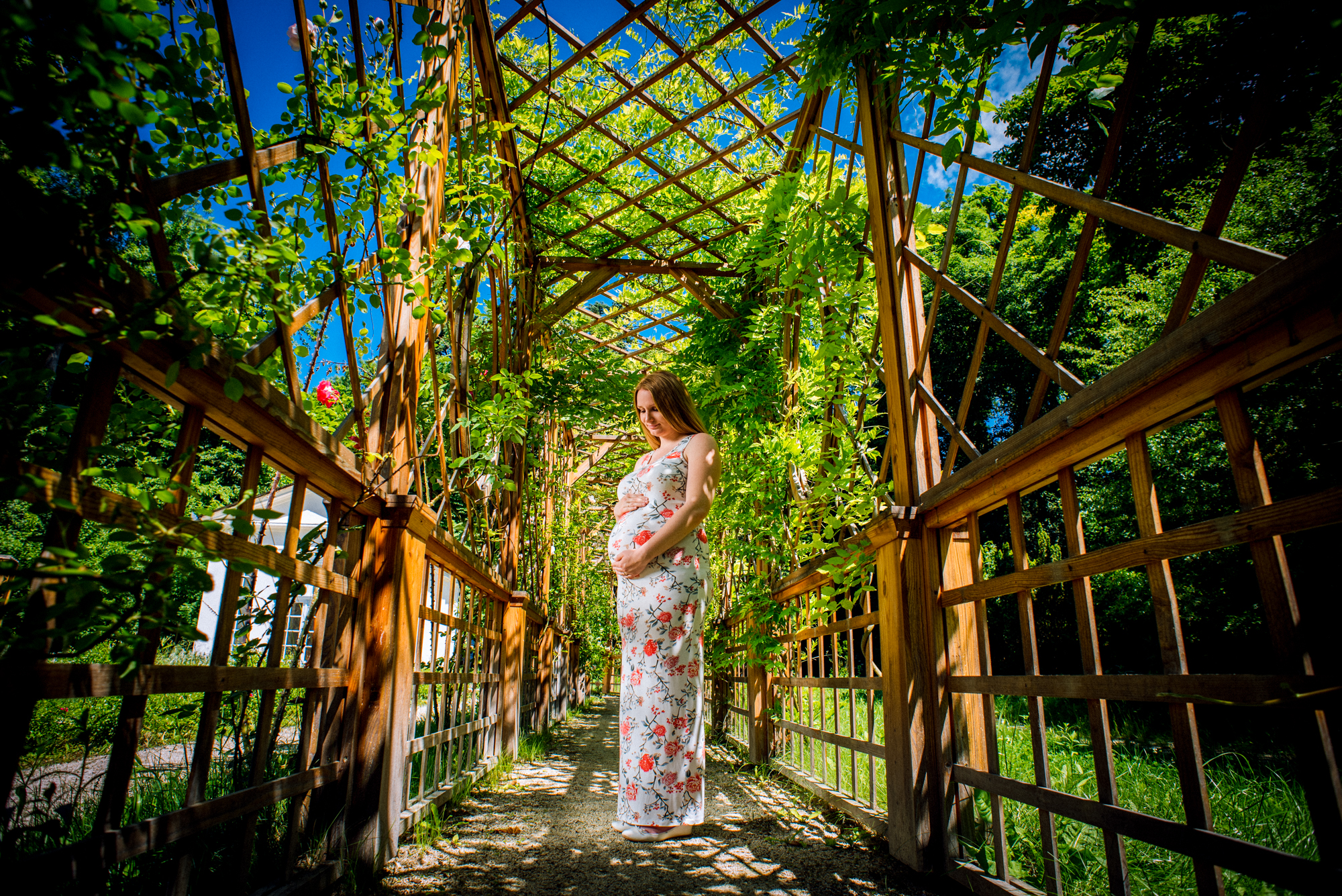 Pregnant woman standing on wooden pergola walkway covered in climbing greenery and sunlight.