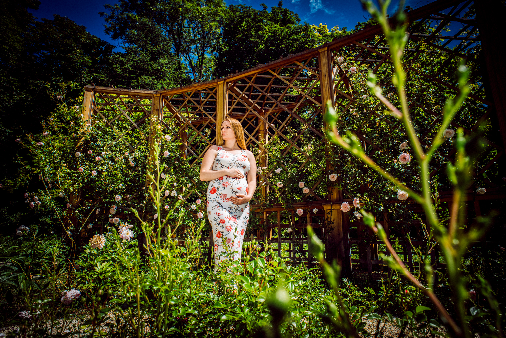 Expectant mother gently holding belly while standing along leafy garden walkway in soft light.