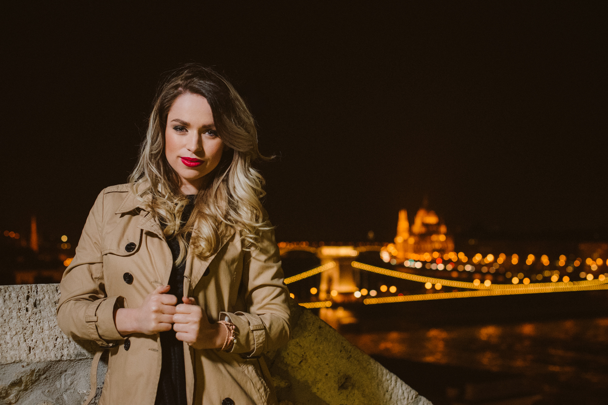 Night portrait at Fisherman’s Bastion with Chain Bridge lights behind.