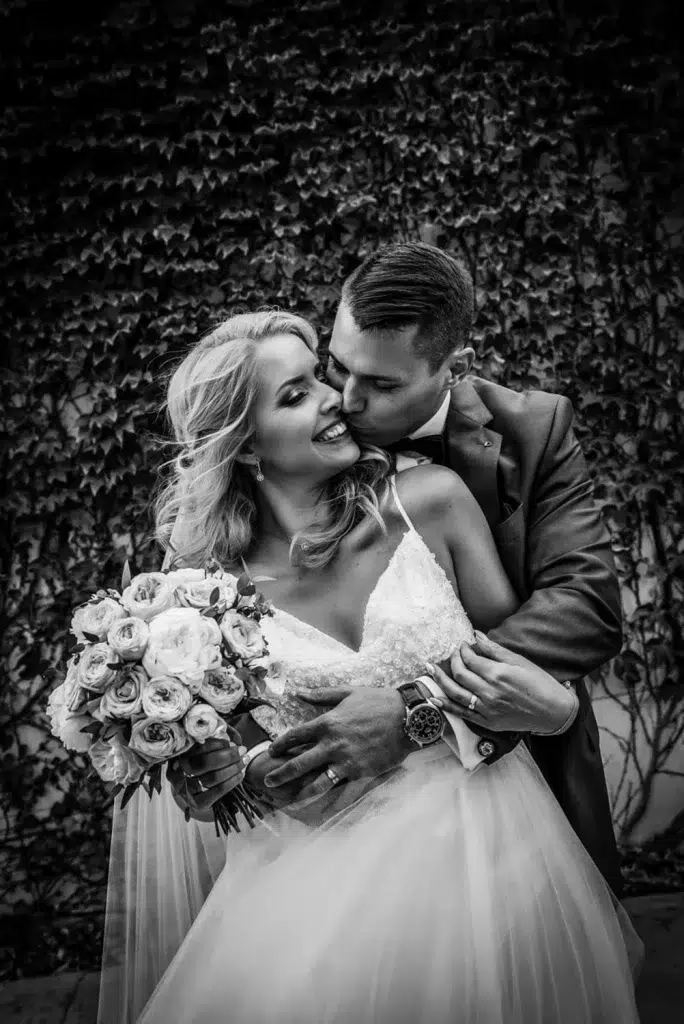 Close-up wedding couple portrait captured in timeless black and white by wedding photographers in Bristol
