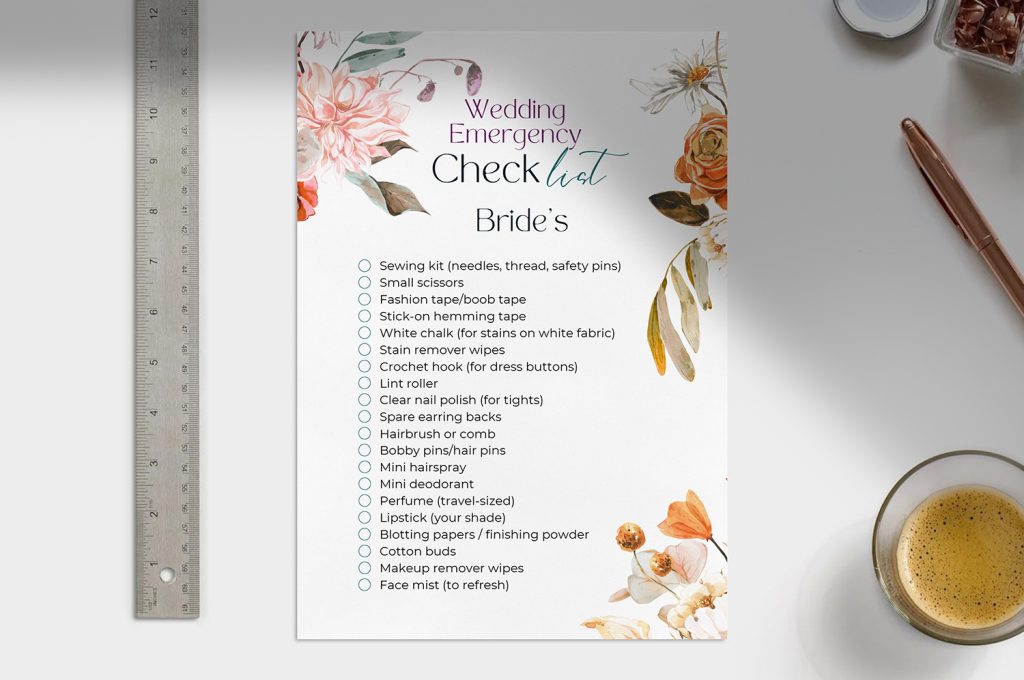 Wedding emergency kit checklist for the wedding day.