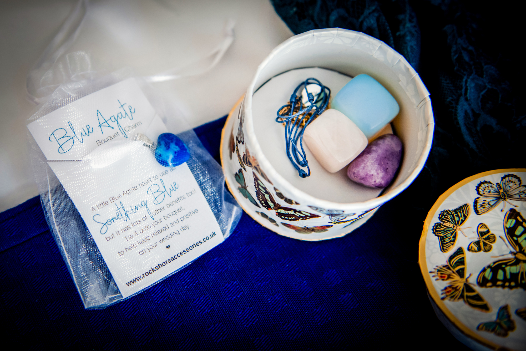 Bridal details with blue agate gift, jewellery and personal items.