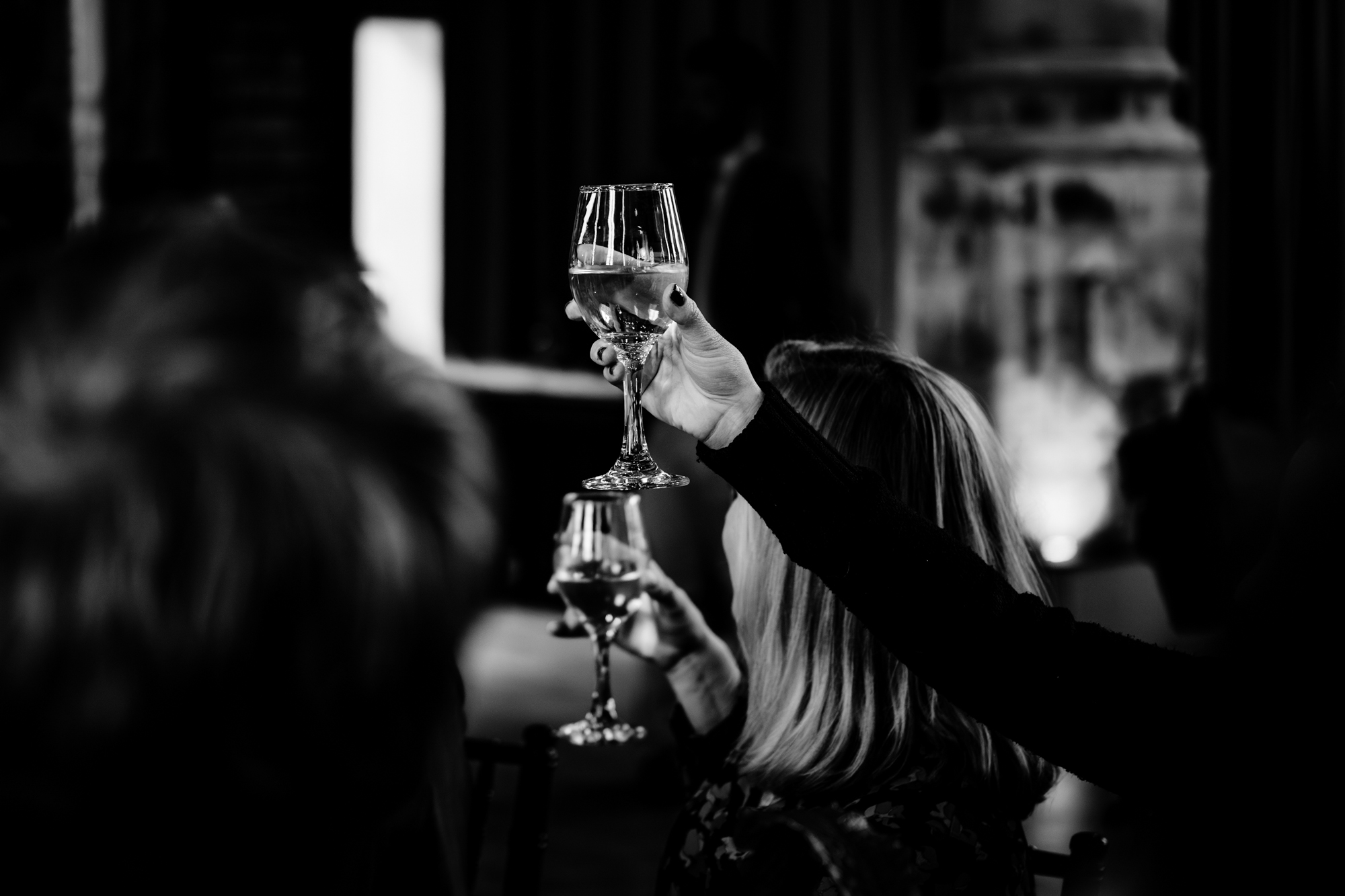 Guests raise wine glasses in a toast, with one glass in sharp focus and others blurred in the background.