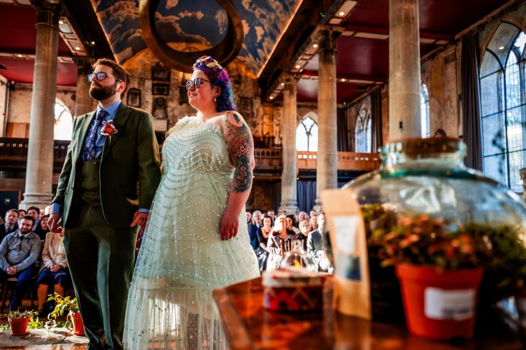 Emotional alternative wedding ceremony in warm natural light at the Mount Without.