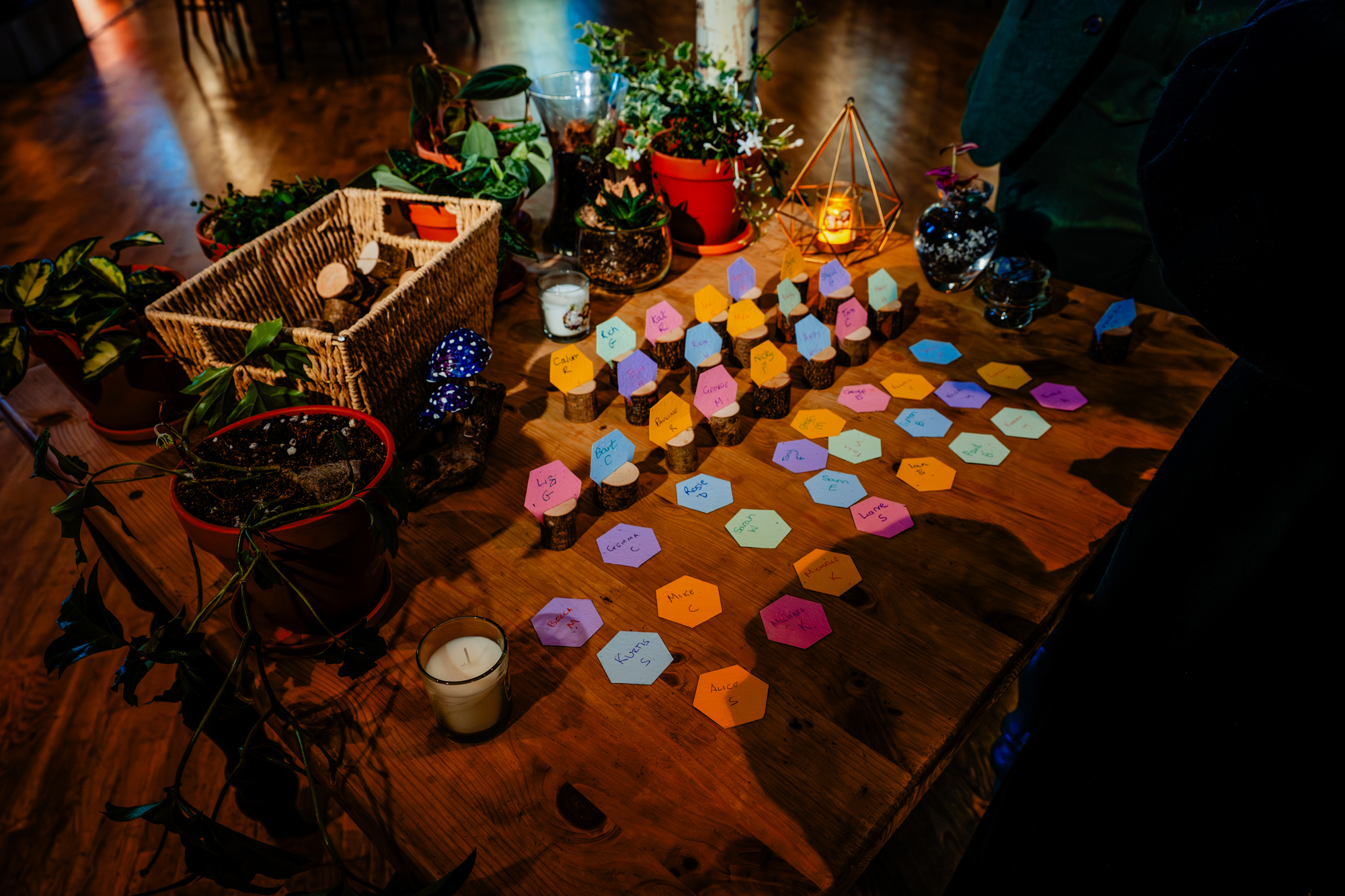Rustic wedding seating chart displayed on a wooden table with potted plants, candles, and colorful name cards on small wood blocks.