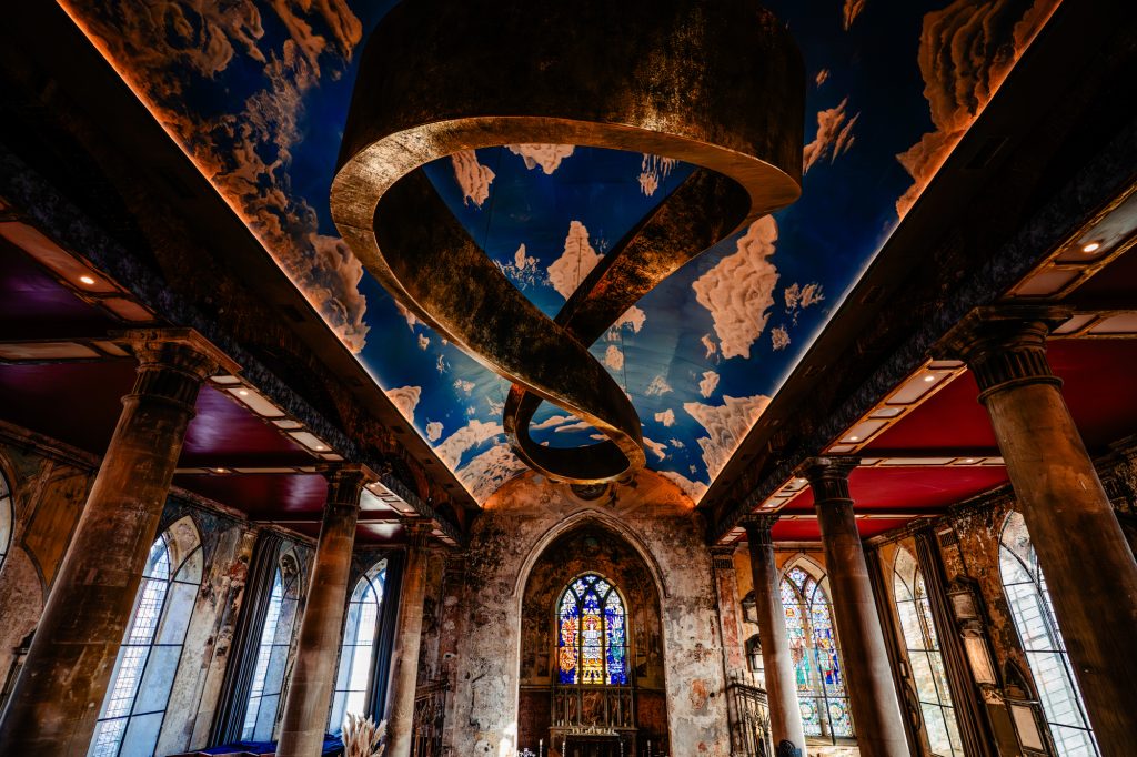 Grand ceremony room with infinity ceiling installation at Mount Without Bristol wedding venue.