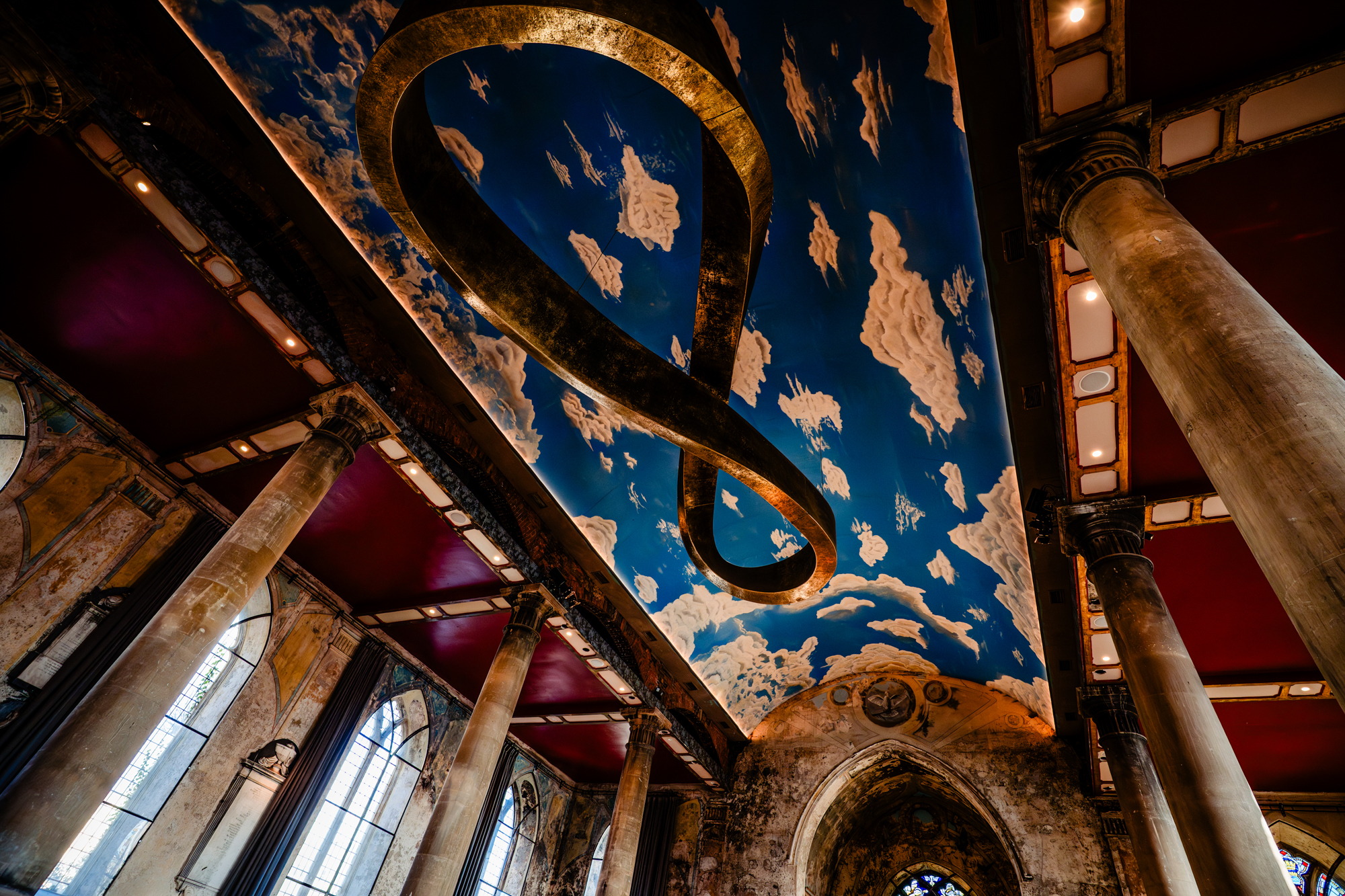 Architectural ceiling detail with infinity sculpture and painted sky at Mount Without Bristol.