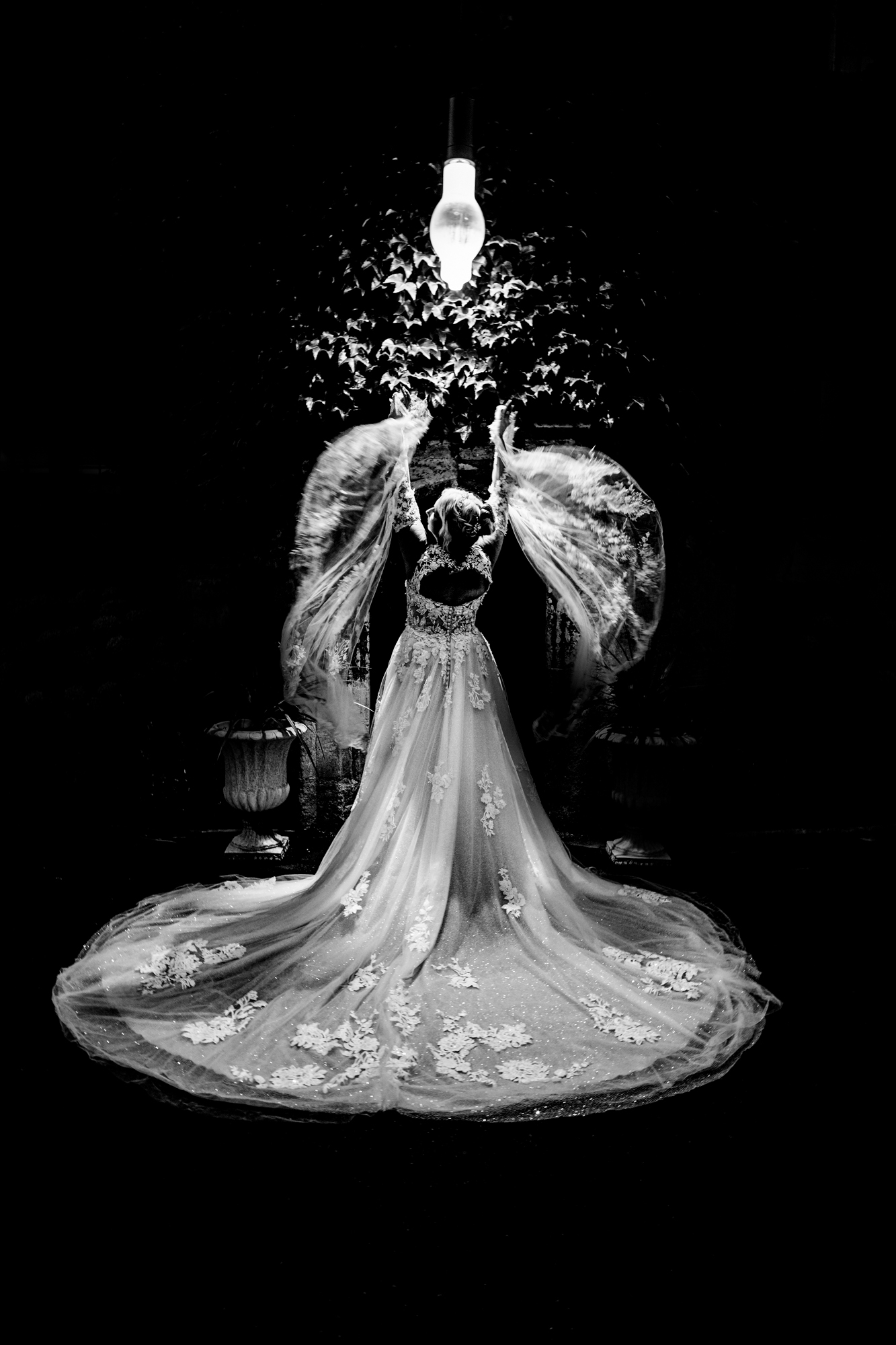 Bride lifting veil dramatically under a single light