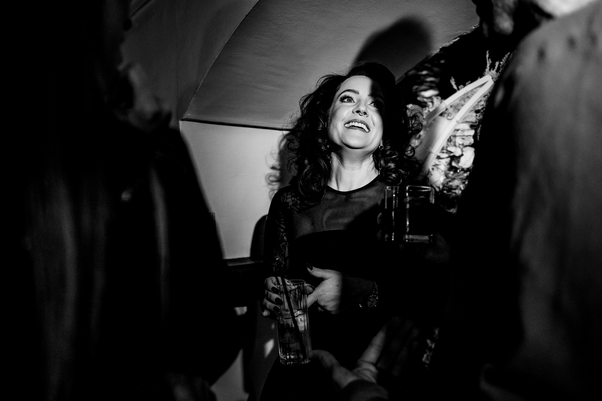 Bride chatting during the lively wedding party at Racks Bristol.